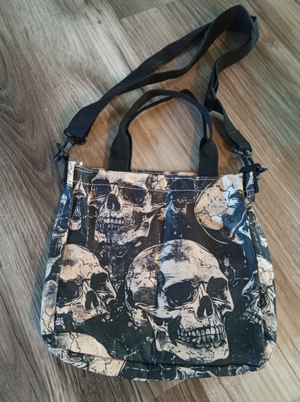 Vintage Distressed Skull Print Black Canvas Crossbody Tote